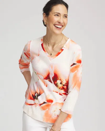 Chico's Tropical Floral 3/4 Sleeve Tee In Orange