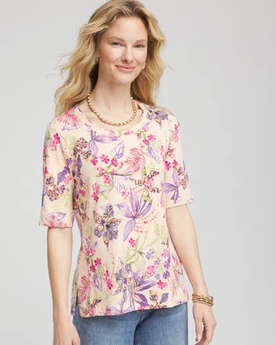 Chico's Tropical Floral Elbow-sleeve Tee In Orange