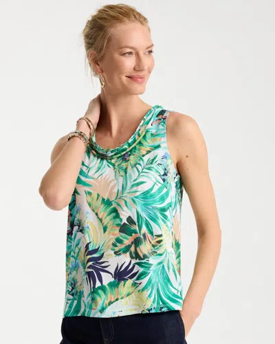Chico's Tropical Jersey Satin Tank Top In Topanga Green