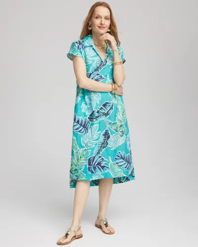 Chico's Tropical Linen Midi Dress In Blue In Green