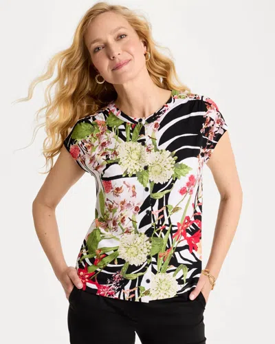 Chico's Tropical Nights Refined Button Tee In Black In Multi