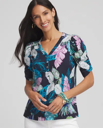 Chico's Tropical Shirred-sleeve Henley Tee In Blue