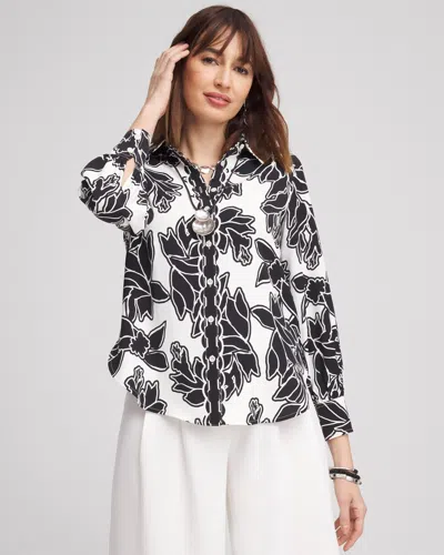 Chico's Twill Floral Collared Shirt In Black Size 14 |