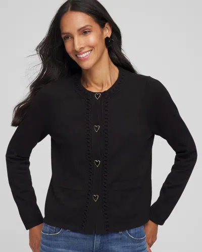 Chico's V-day Embroidered Crewneck Cardigan Sweater In Black