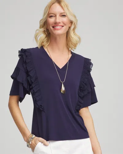 Chico's V-neck Tiered Ruffle Sleeve Tee In Blue Size 16/18 |  In Passport Blue