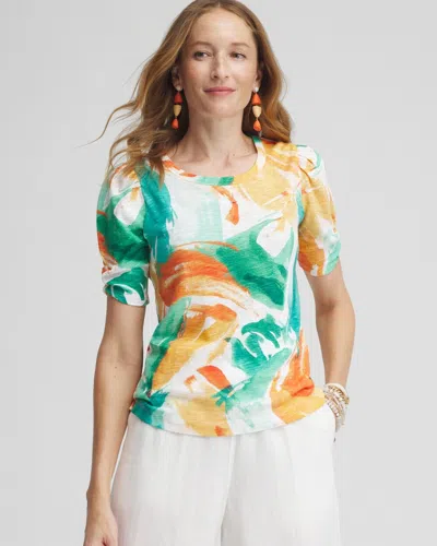 Chico's Watercolor Gathered Elbow Sleeve Tee In Valencia Orange Size 0/2 |