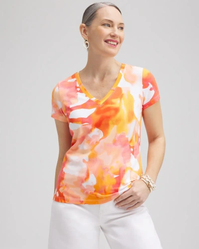 Chico's Watercolor V-neck Perfect Tee In Orange Size Large |  In Nectarine