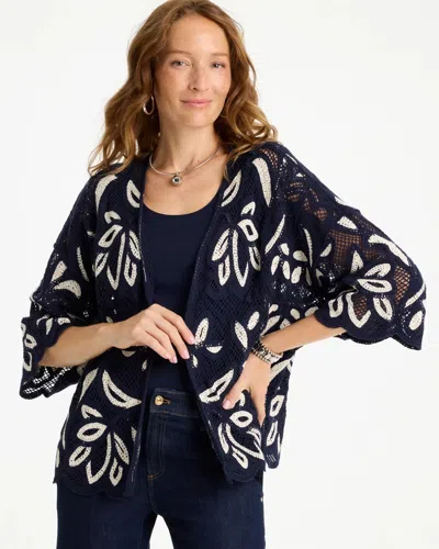 Chico's Woven Crochet Lace Contrast Kimono In Blue