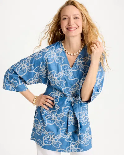 Chico's Woven Embroidered Belted Kimono In Denim In Blue