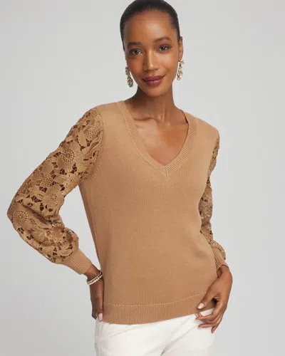 Chico's Woven Lace V-neck Pullover Sweater In Caramel Apple In Brown