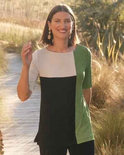 Chico's Wrinkle-free Travelers Colorblock Tunic Top In Verdant Green Size 12/14 |  Travel Clothing