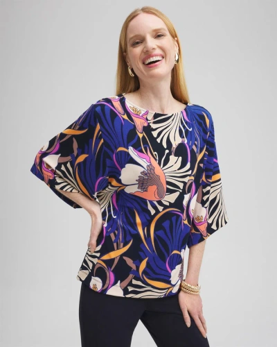 Chico's Wrinkle-free Travelers Floral Kimono Sleeve Top In Navy Blue Size 4/6 |  Travel Clothing In Travelers India Ink