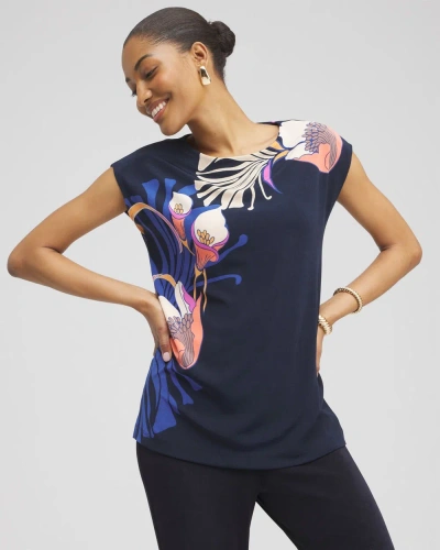 Chico's Wrinkle-free Travelers Floral Tunic Top In Navy Blue Size 20/22 |  Travel Clothing