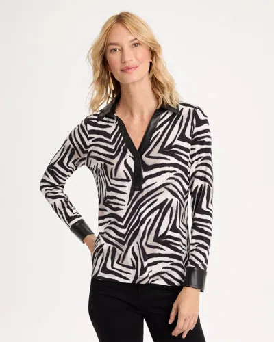 Chico's Zebra Animal Print Knit Leather-trim Tee In Black