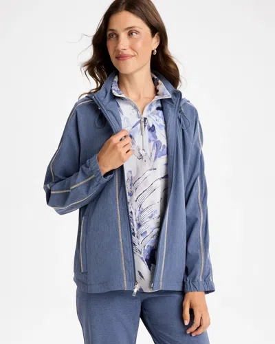 Chico's Zip-front Caviar Trim Jacket In Zen Dark Wash Denim In Zen Dark Indigo Wash