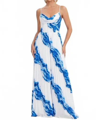 Chicways Abstract Print Pleated Maxi Jumpsuit In Blue