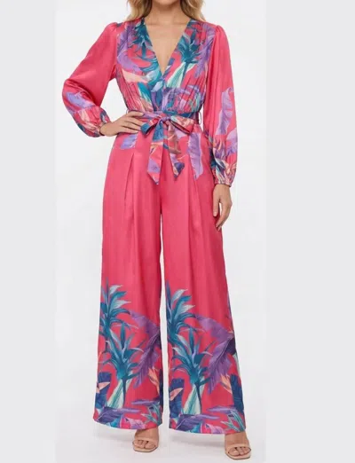Chicways Botanical Long-sleeve Wide-leg Jumpsuit In Rose In Purple