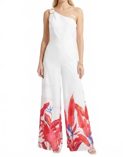 Chicways Crimson Tropical One-shoulder Wide-leg Jumpsuit In Red/white
