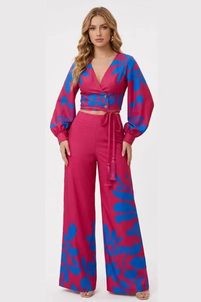 Chicways Tropical Breeze Two-piece Crop Top & Wide-leg Pant Set In Rose In Pink