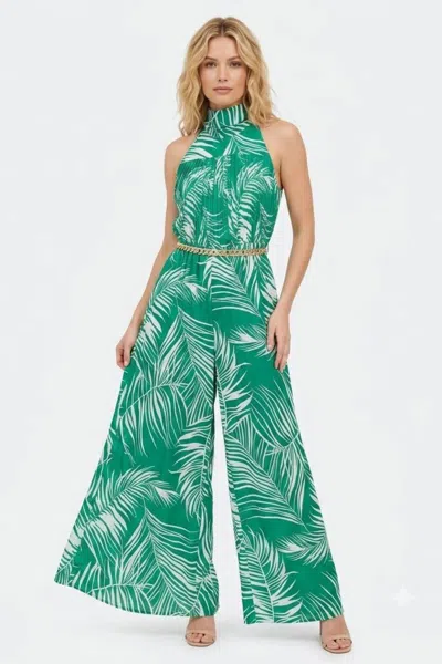 Chicways Tropical Palm Pleated Halter Jumpsuit In Green