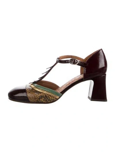 Pre-owned Chie Mihara Leather Animal Print T-strap Pumps In Burgundy