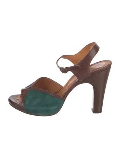 Pre-owned Chie Mihara Leather Colorblock Pattern Slingback Sandals In Brown