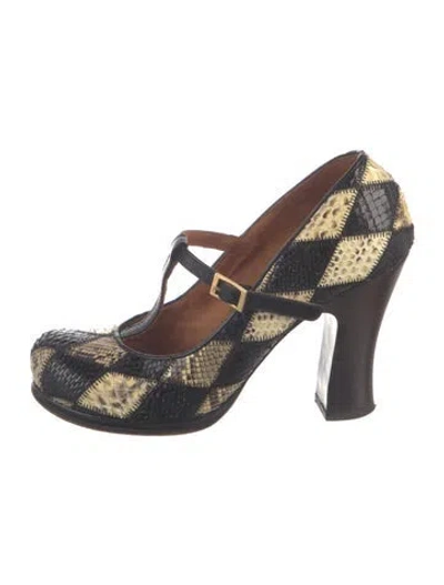 Pre-owned Chie Mihara Snakeskin Animal Print T-strap Pumps In Black