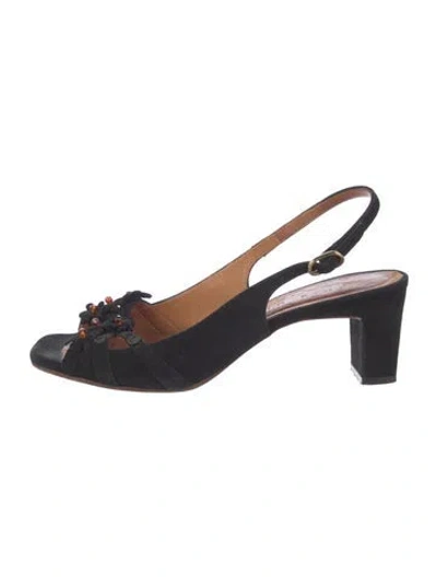 Pre-owned Chie Mihara Suede Beaded Accents Slingback Sandals In Black