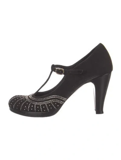 Pre-owned Chie Mihara Suede Crystal Embellishments T-strap Pumps In Black