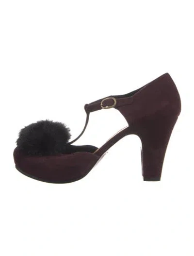 Pre-owned Chie Mihara Suede T-strap Pumps In Burgundy
