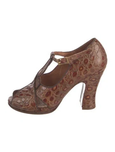 Pre-owned Chie Mihara Vintage Embossed Leather T-strap Pumps In Brown