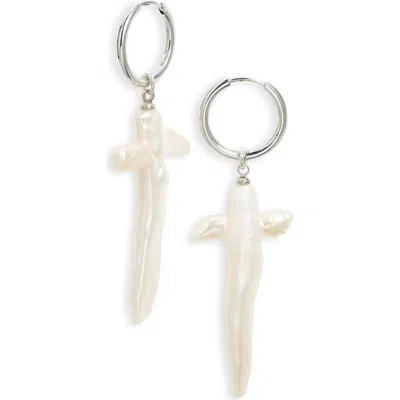 Child Of Wild Esther Freshwater Pearl Cross Earrings In White