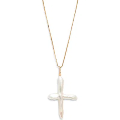 Child Of Wild Esther Freshwater Pearl Cross Necklace In Gold