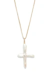 Child Of Wild Esther Freshwater Pearl Cross Pendant Necklace In Gold