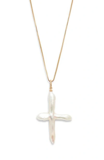 Child Of Wild Esther Freshwater Pearl Cross Pendant Necklace In Gold