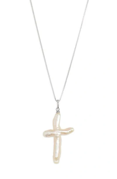 Child Of Wild Esther Freshwater Pearl Cross Pendant Necklace In Silver