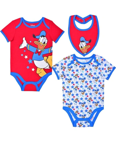 Children's Apparel Network Baby Boys And Girls Donald Duck Red, White Mickey & Friends Bodysuit & Bib Three-pack Set In Red,white