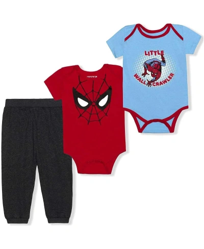 Children's Apparel Network Baby Boys And Girls Red, Light Blue, Heather Black Spider-man Little Wall Crawler 3-piece Bodysuit A In Red,light Blue,heather Black
