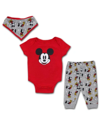 Children's Apparel Network Baby Boys And Girls Red Mickey & Friends Bodysuit, Bib And Jogger Set