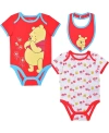 CHILDREN'S APPAREL NETWORK BABY BOYS AND GIRLS RED, WHITE WINNIE THE POOH 3-PIECE BODYSUIT AND BIB SET