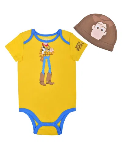 CHILDREN'S APPAREL NETWORK BABY BOYS AND GIRLS YELLOW TOY STORY WOODY BODYSUIT AND HAT SET