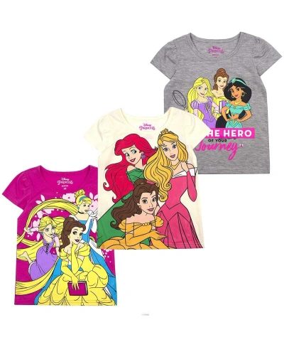 Children's Apparel Network Kids' Little Boys And Girls Gray, Cream, Pink Disney Princess Graphic 3-pack T-shirt Set In Gray,cream,pink