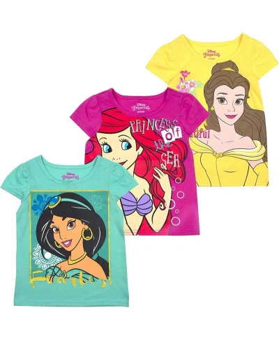 Children's Apparel Network Kids' Little Boys And Girls Yellow, Pink, Green Disney Princess Graphic 3-pack T-shirt Set In Yellow,pink,green