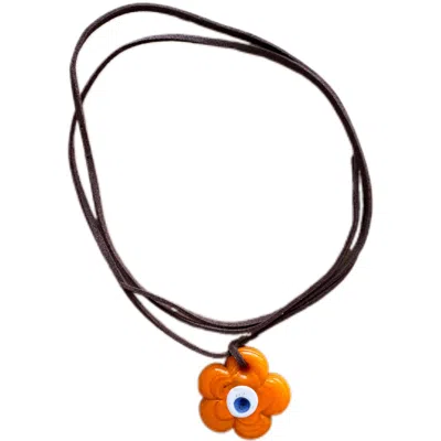 Chillax Women's Brown / Orange Chill Orange Flower Glass Evil Eye Suede Necklace -limited In Black