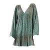 Chillax Women's Green / Blue Dahlia Floral Printed Tempest Kimono Sleeve Mini Dress In Green/blue