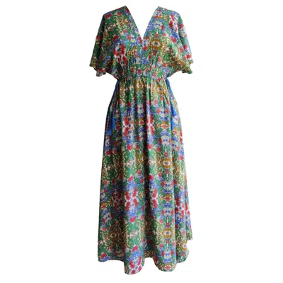 Chillax Women's Green / Blue / Red Daydream Bohemian Midi Dress With Sleeves In Green/red