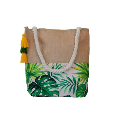 Chillax Women's Green Monstera Jute Handmade Beach Bag In Brown