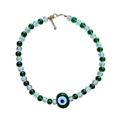 Chillax Women's Green / White Chill Green Glass Evil Eye Necklace In Multi