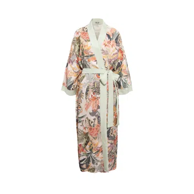 Chillax Women's Neutrals / Green / Yellow Mallorca Palm Tree Kimono Robe In Black