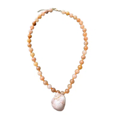 Chillax Women's Neutrals / Orange Sun And Chill Handmade Agate Bead Necklace With Real Seashell Pendant